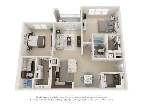 A 3D floor plan of a house with a kitchen, living room, and two bedrooms.